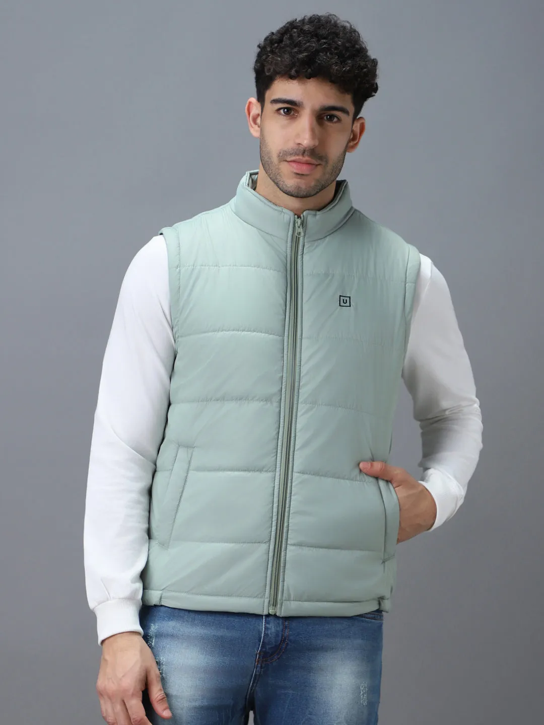 Men's Green Sleeveless Zippered Puffer Jacket