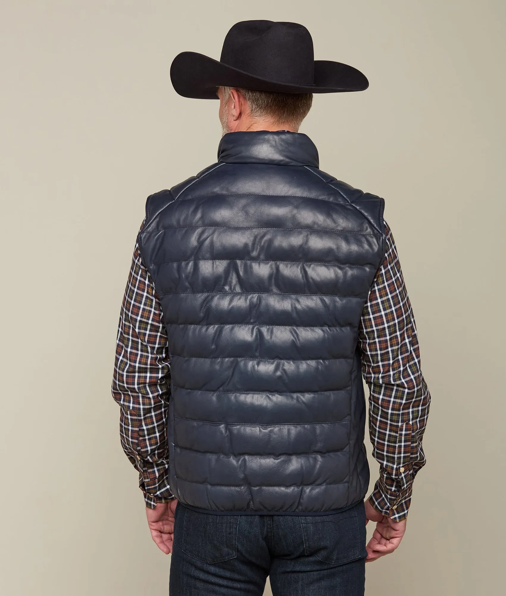 Men's Leather Puffer Vest :: Navy