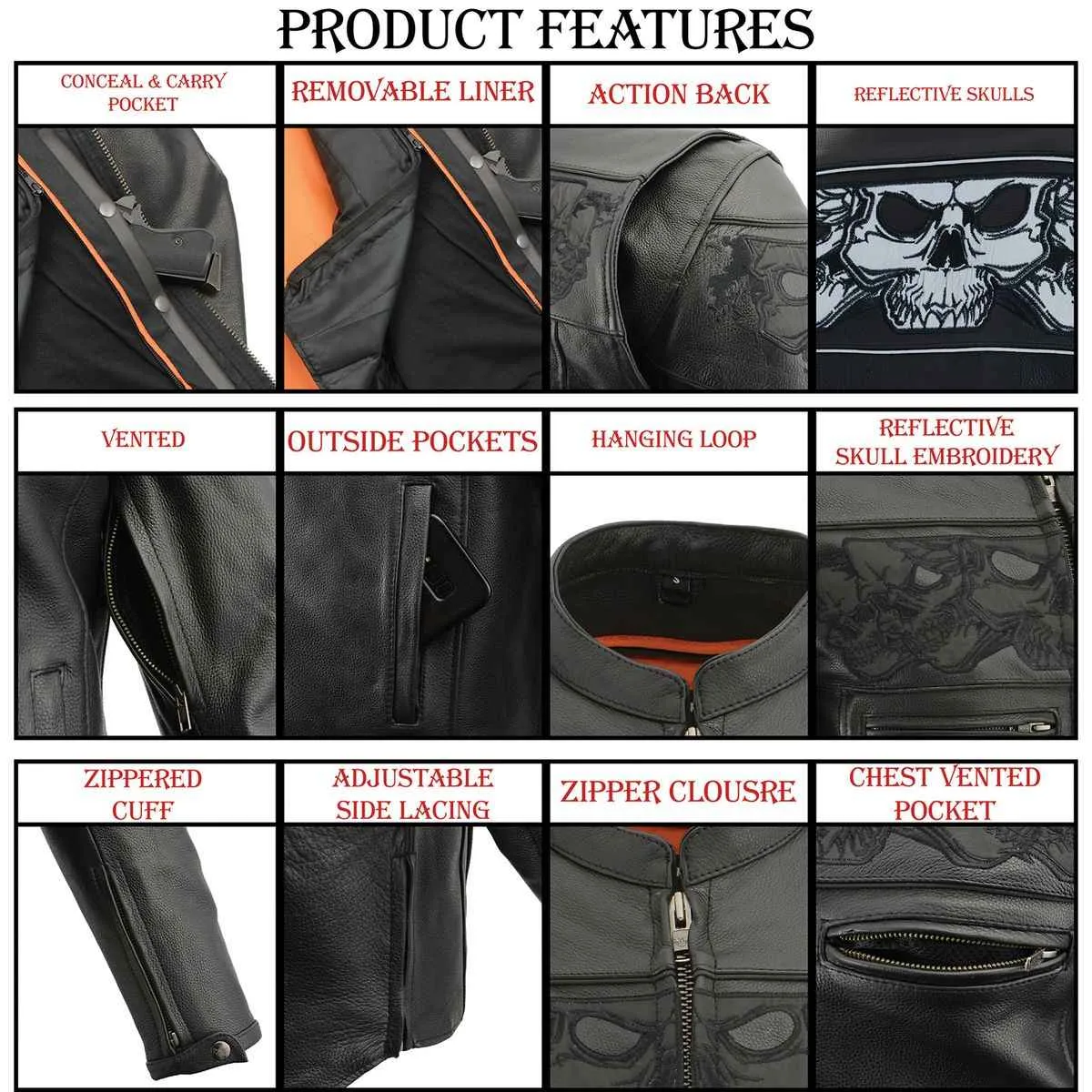 Milwaukee Leather MLM1500 Men's Crossover Black Leather Scooter Jacket with Reflective Skulls