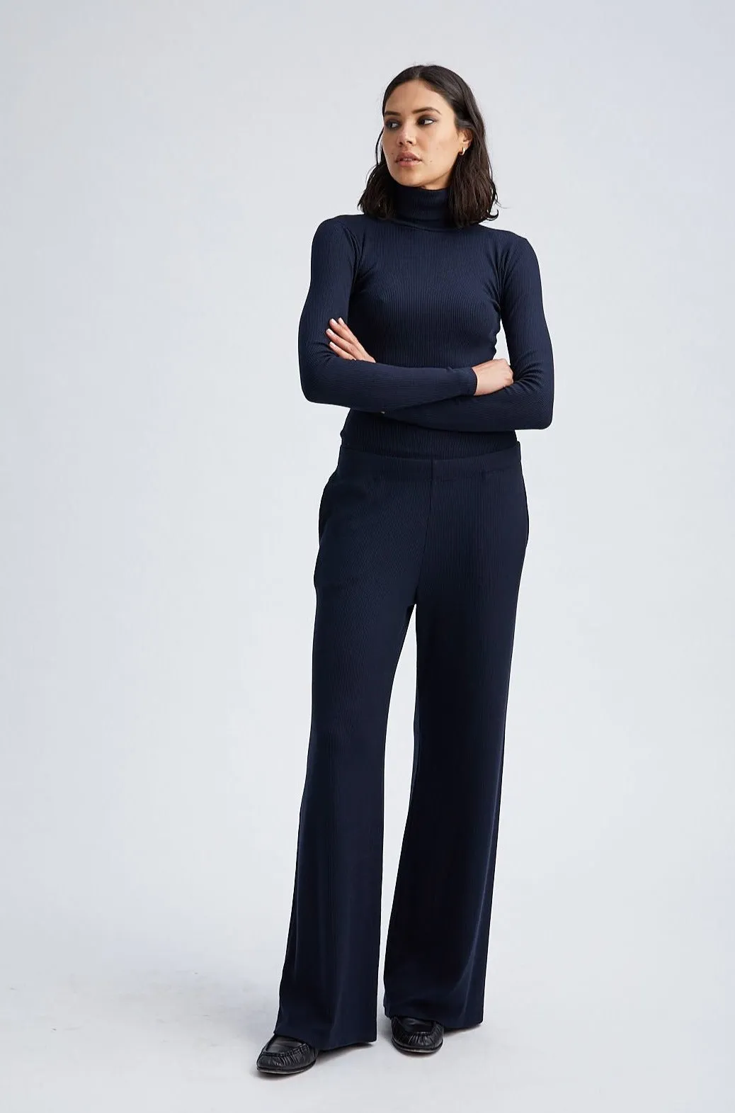 Navy Rib Wide Leg Pants