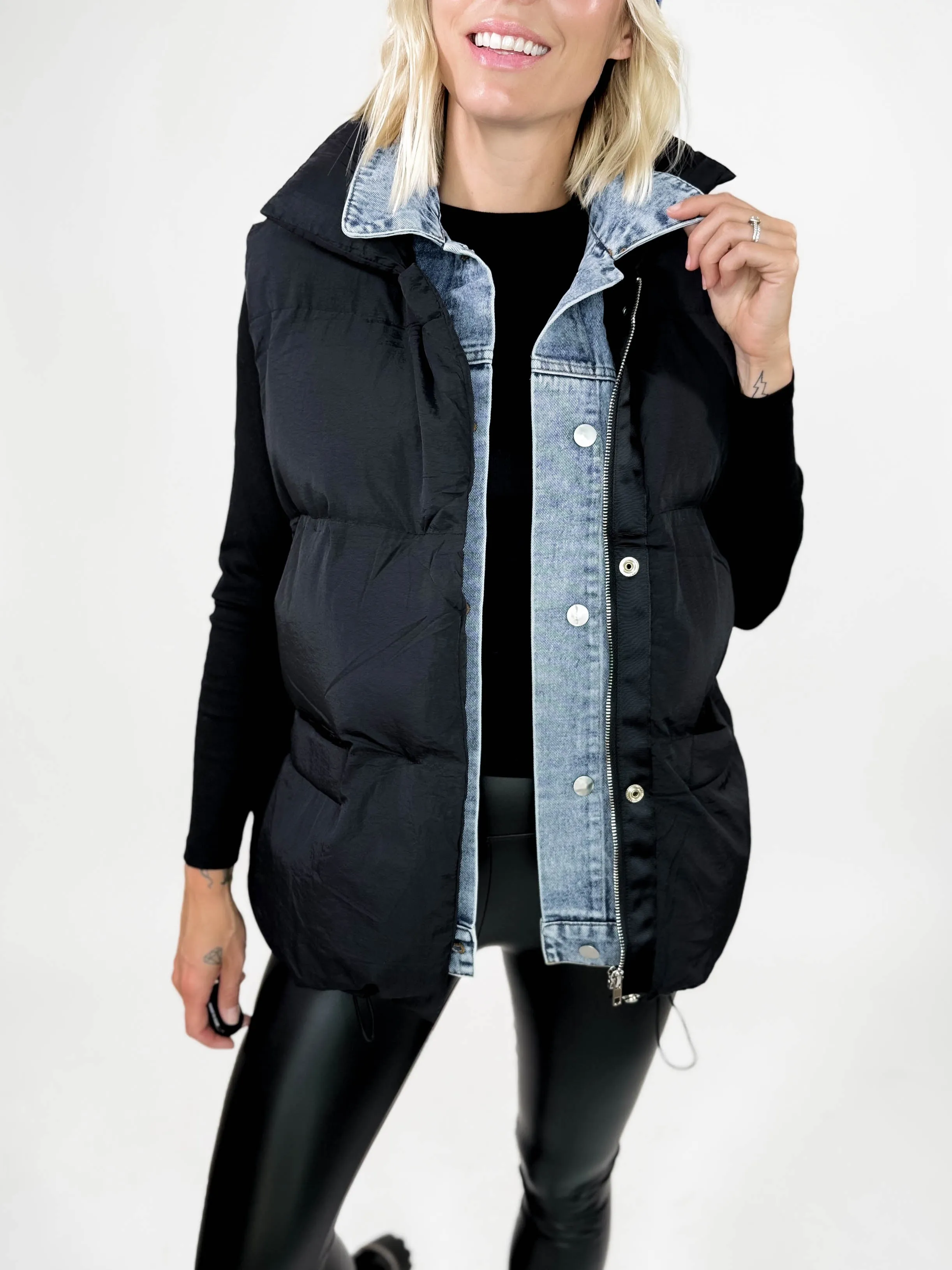 Ollie Denim Layered Puffer Vest- BLACK