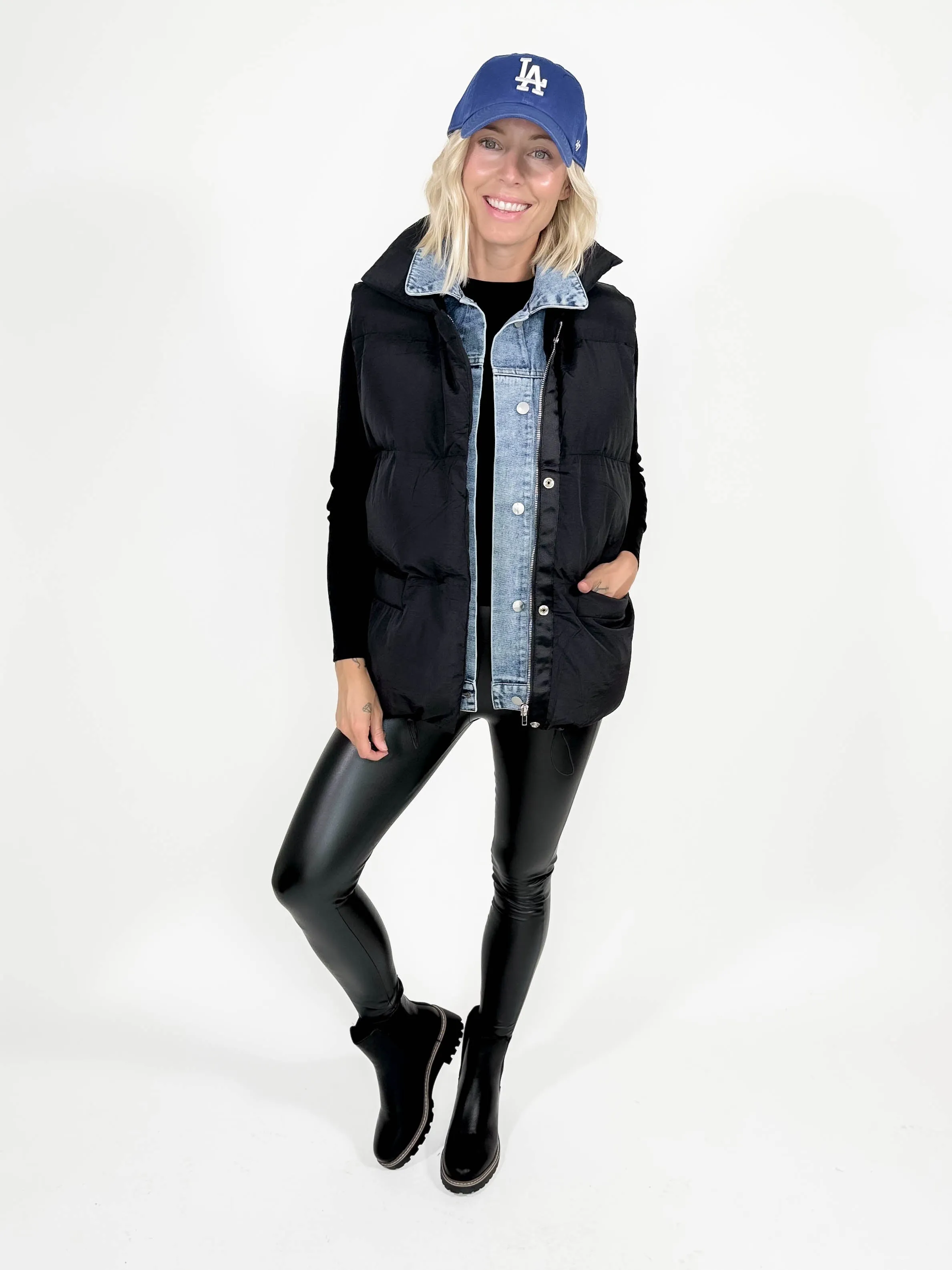 Ollie Denim Layered Puffer Vest- BLACK