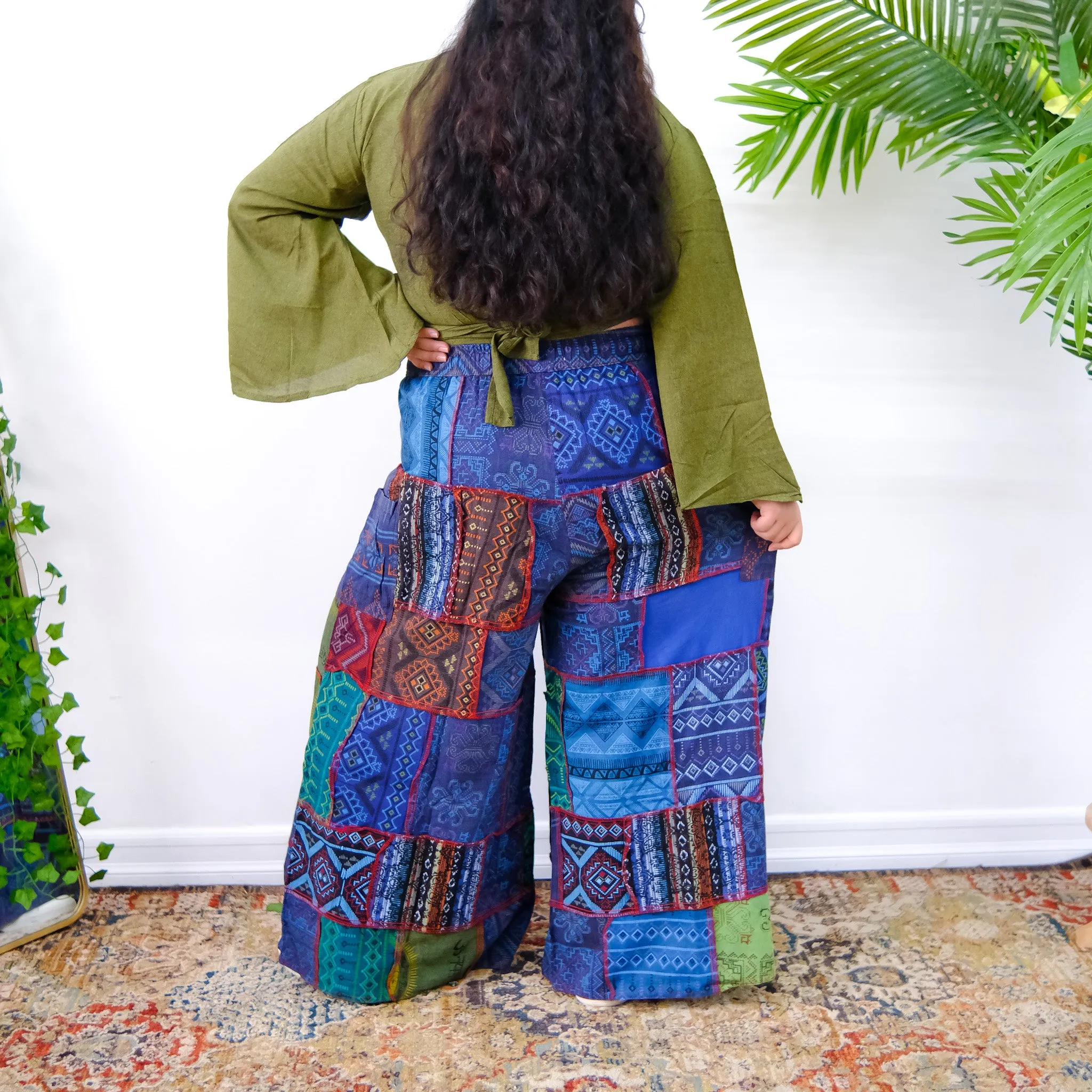 Patchwork Earth Tone Wide Leg Pants