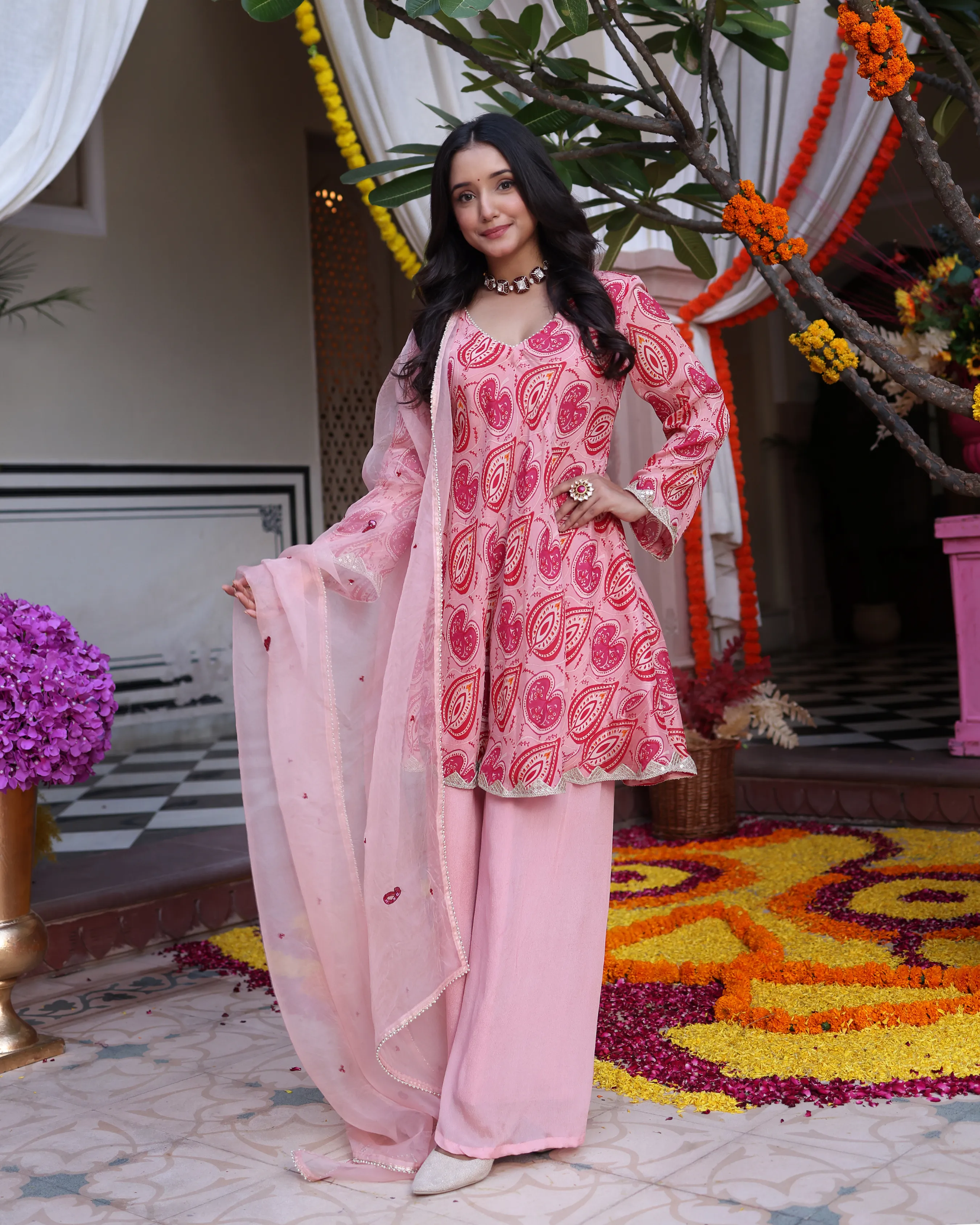 Petal Pink Bouquet Printed Chinon Suit Set