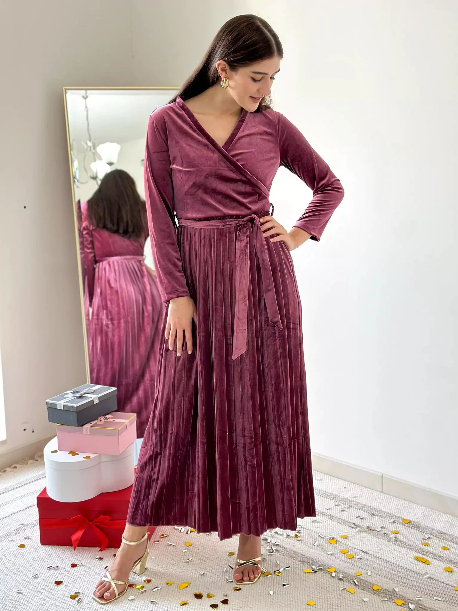 Promise Pleated Velvet Dress - Rose