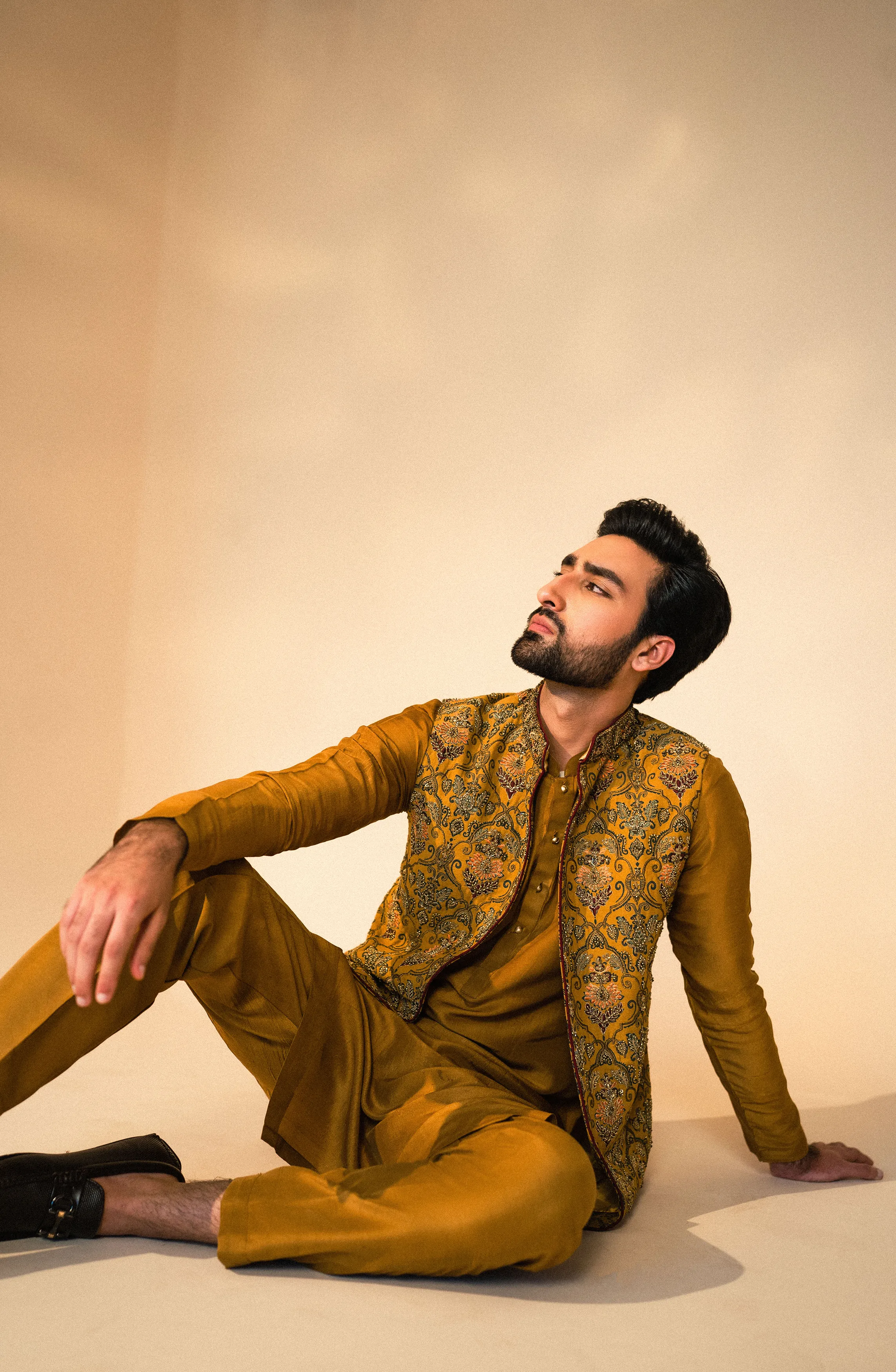 Rangsaaz - Embroidered Waistcoat in Mustard Paired with Kurta and Pants