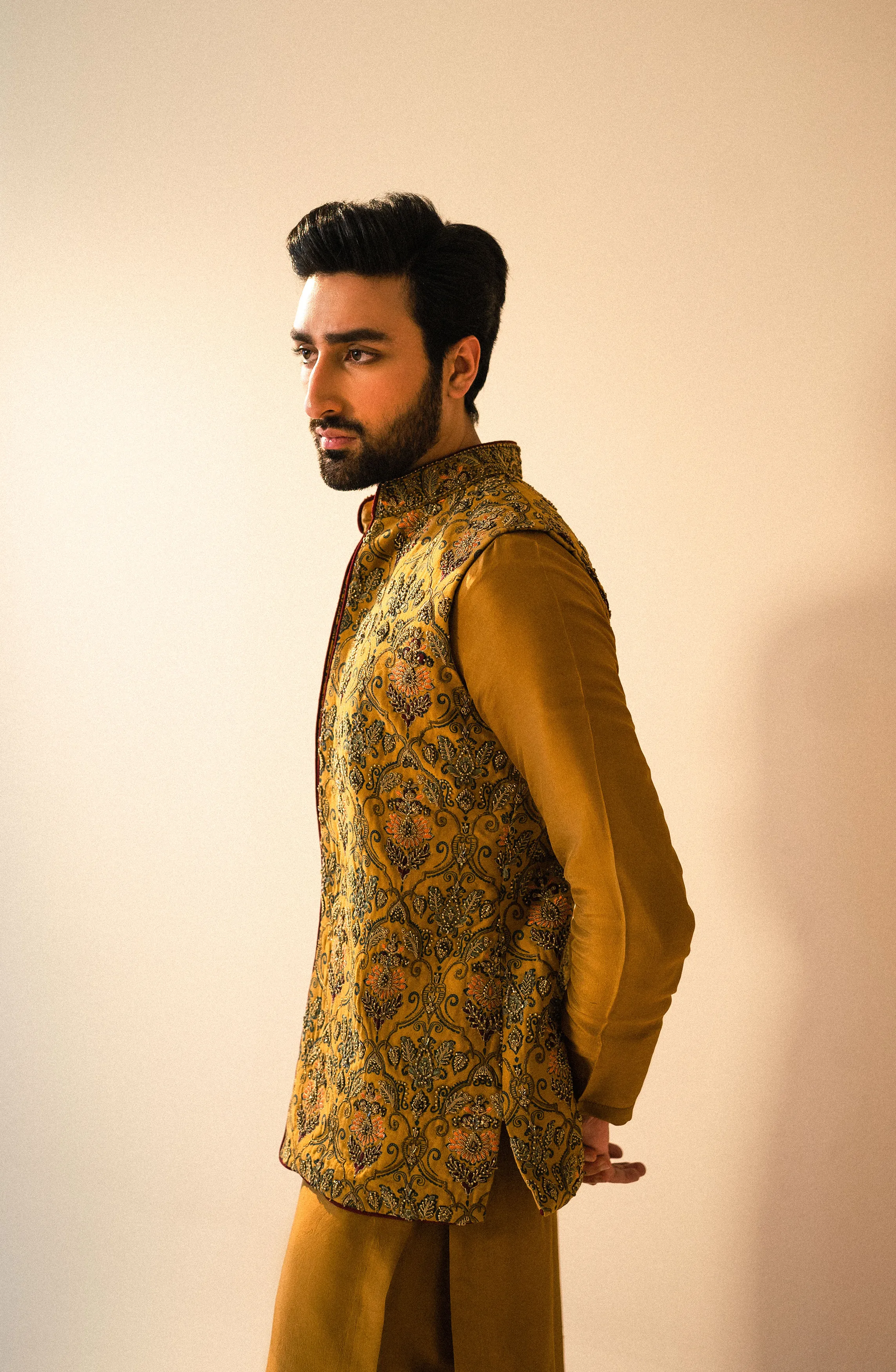 Rangsaaz - Embroidered Waistcoat in Mustard Paired with Kurta and Pants