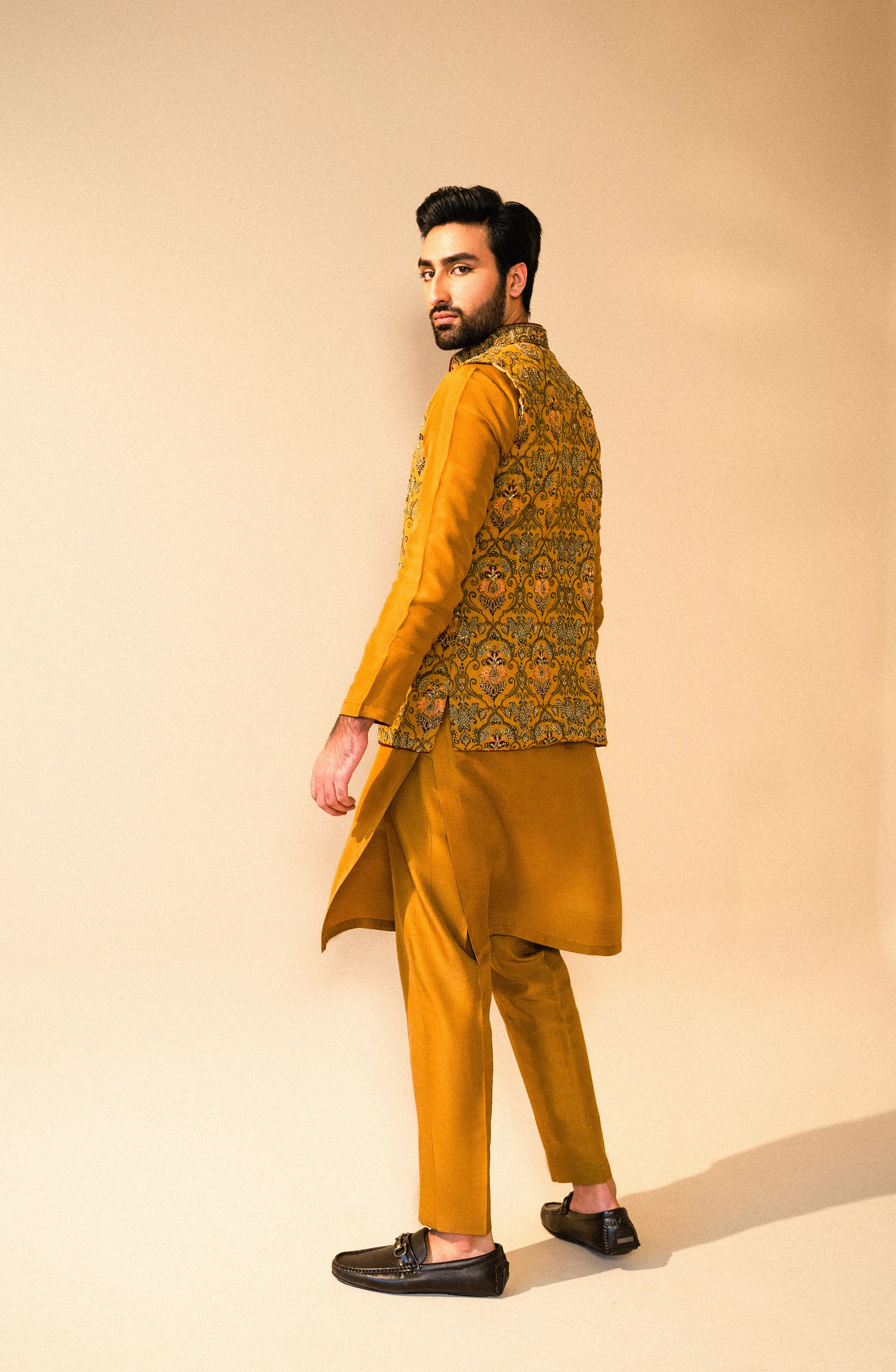 Rangsaaz - Embroidered Waistcoat in Mustard Paired with Kurta and Pants