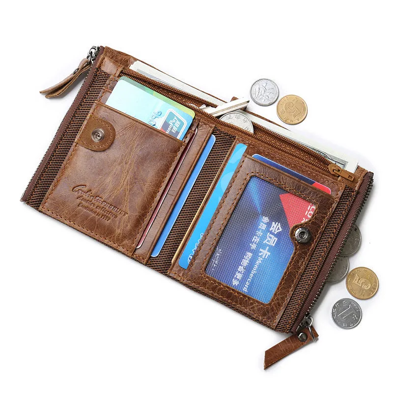 Retro Leather Double Zipper RFID Men's Money Clip Wallet