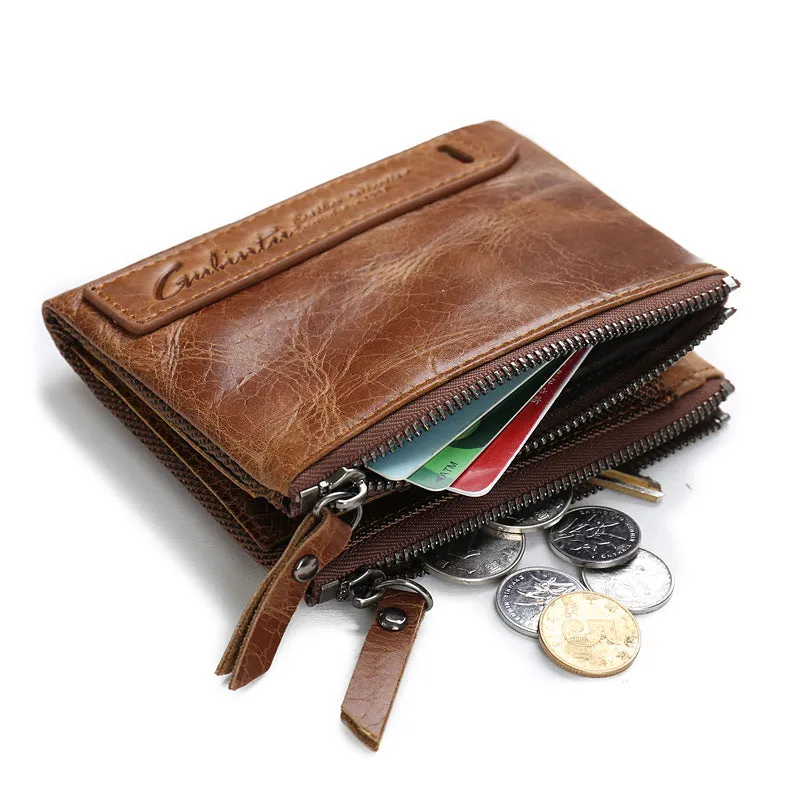 Retro Leather Double Zipper RFID Men's Money Clip Wallet