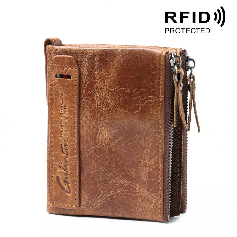 Retro Leather Double Zipper RFID Men's Money Clip Wallet