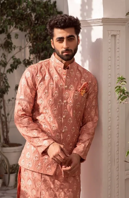 Salmon Pink Kurta Paired with Straight Pants and Embroidered Waistcoat