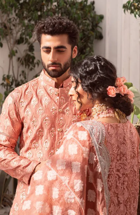 Salmon Pink Kurta Paired with Straight Pants and Embroidered Waistcoat