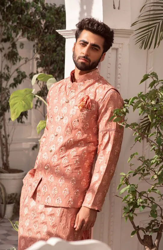 Salmon Pink Kurta Paired with Straight Pants and Embroidered Waistcoat