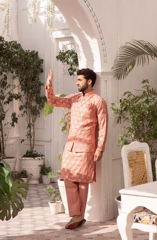 Salmon Pink Kurta Paired with Straight Pants and Embroidered Waistcoat