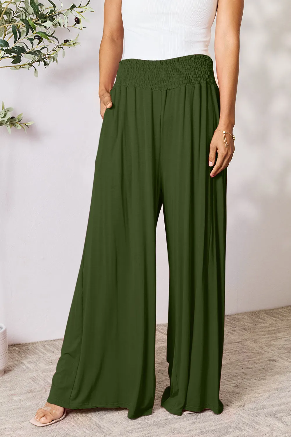 Size Inclusive Smocked Wide Waistband Wide Leg Pants