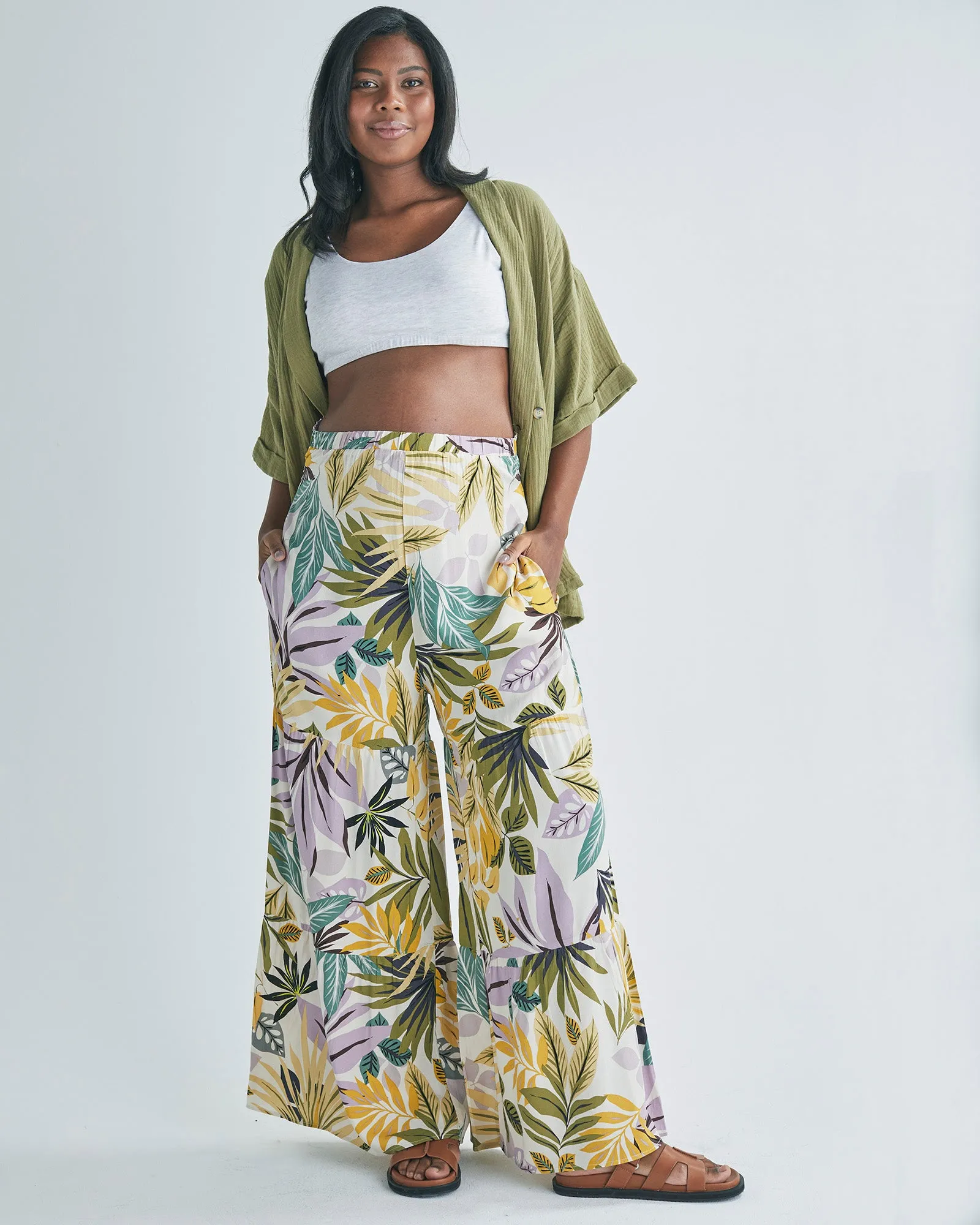 Stacie Wide Leg Maternity Ruffled Pants in Green Flora