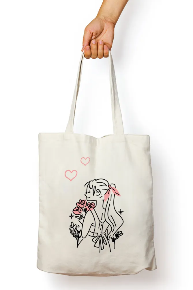 White Aesthetic Tote Bag with Zipper ( Girl with a bouquet )