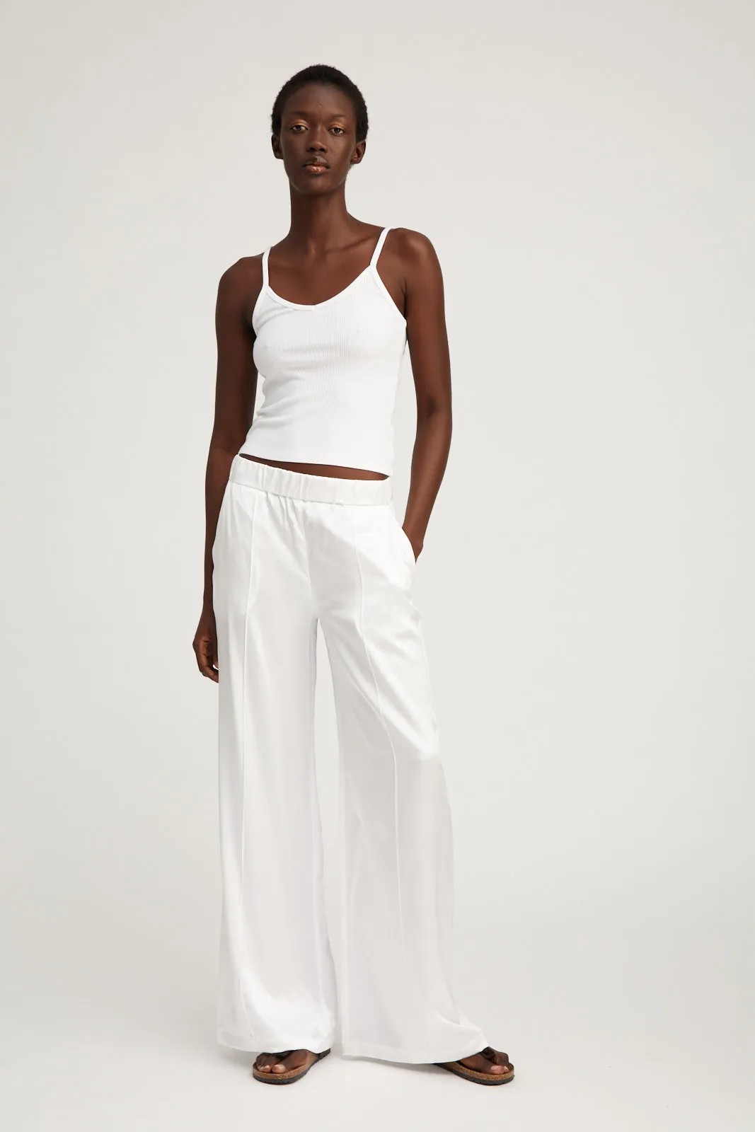 White Silk Wide Leg Pintuck Pants