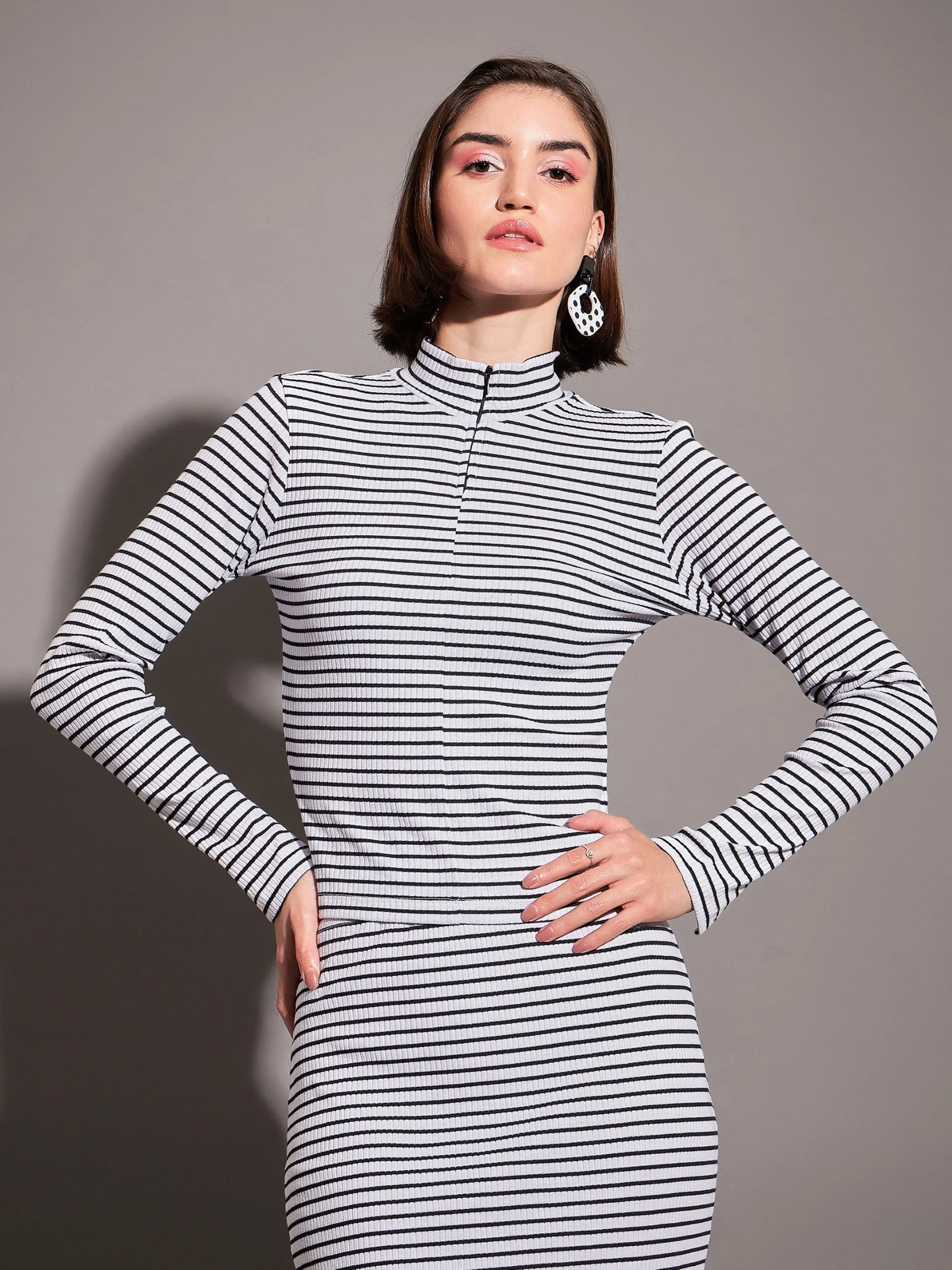 Women Black & White Striped Rib High Neck Front Zipper Top