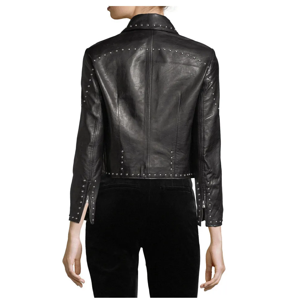 Women Pins Army Leather Zipper Jacket