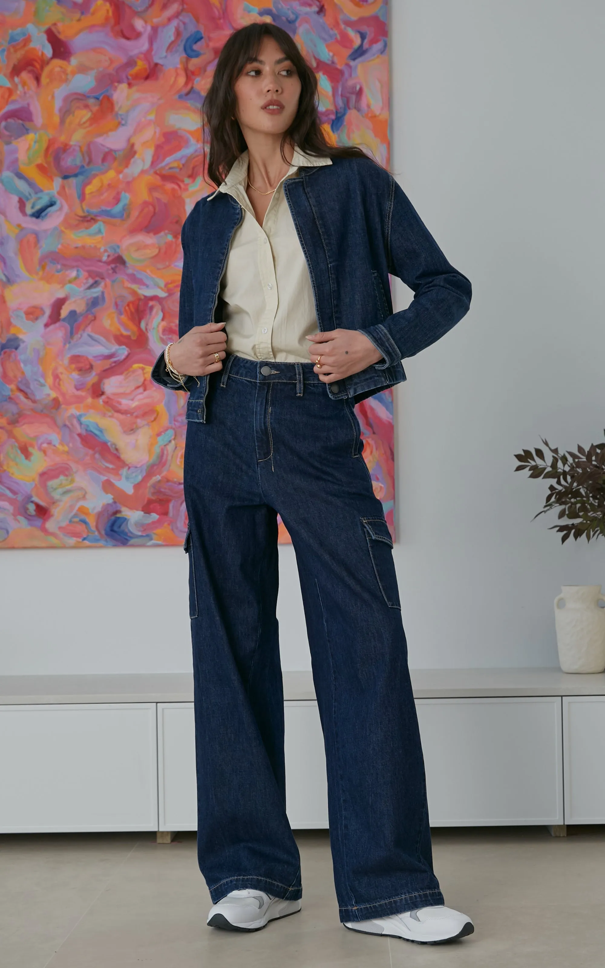 Zeona Indigo Cargo Wide Leg Pants